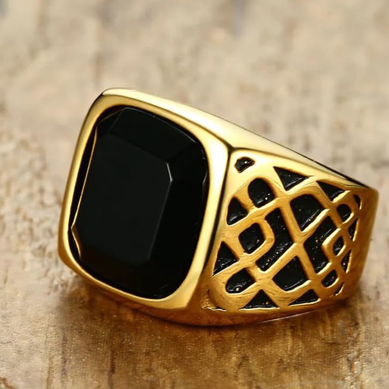 Anillo de oro de 10 quilates con ágata negra para hombre-2