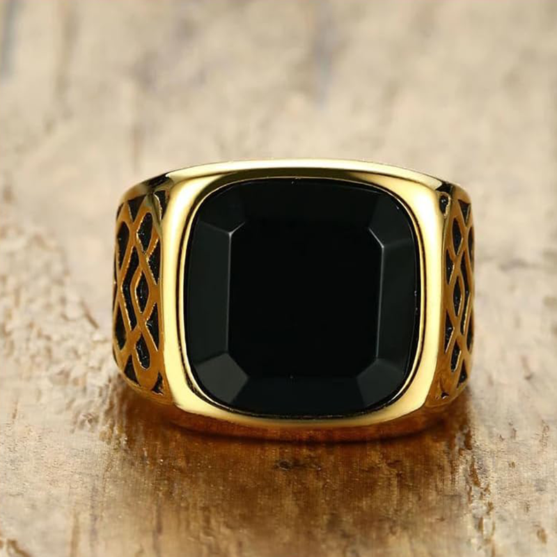 10K White Gold Black Agate Ring for Men-3