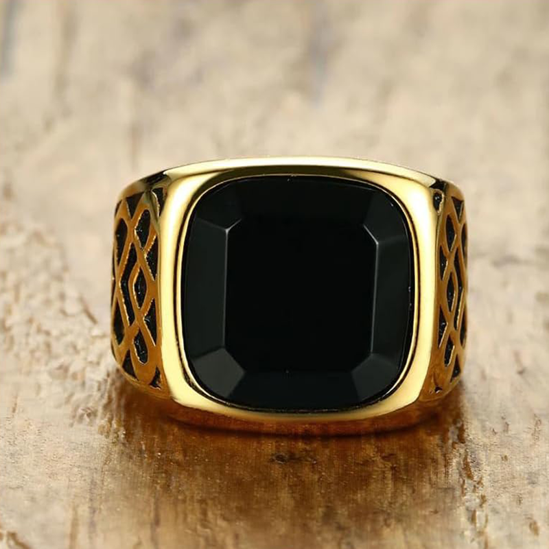 10K Gold Black Agate Ring for Men-3