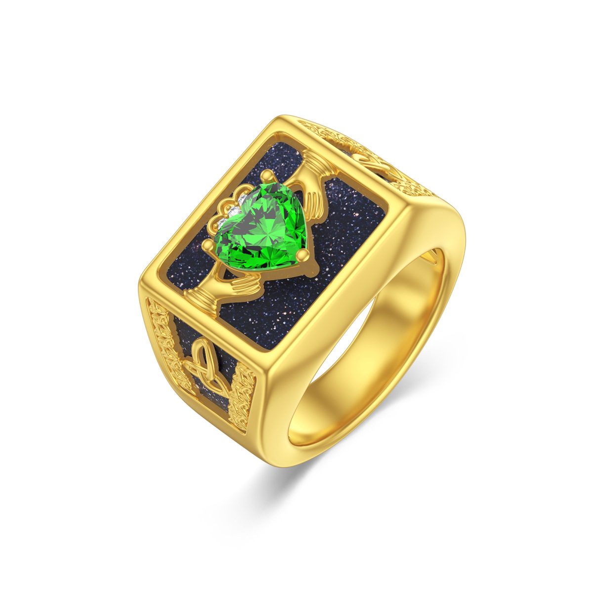 Bague nœud celtique Claddagh en or 10K, grès bleu, cœur vert CZ pour homme-1