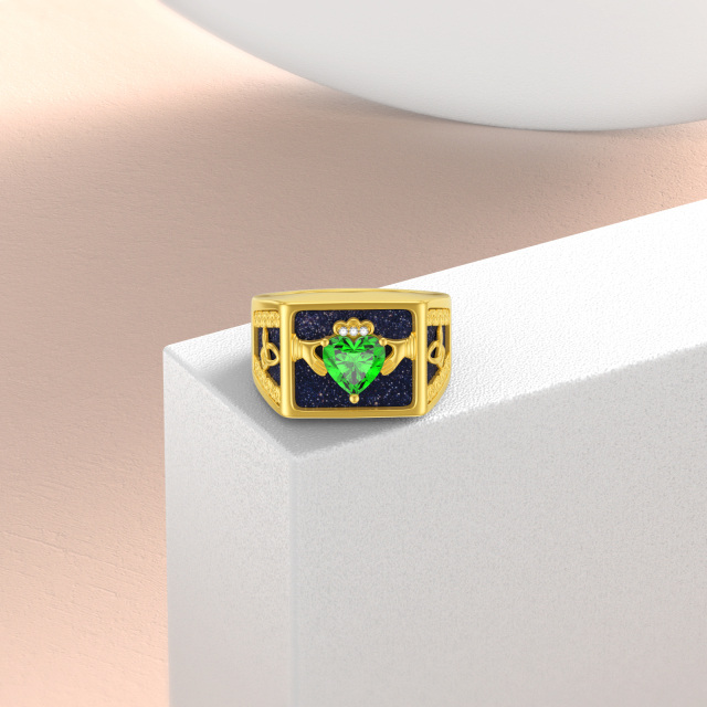 Anello con nodo celtico Claddagh in oro 10K, pietra arenaria blu, cuore verde CZ, per uomo-3