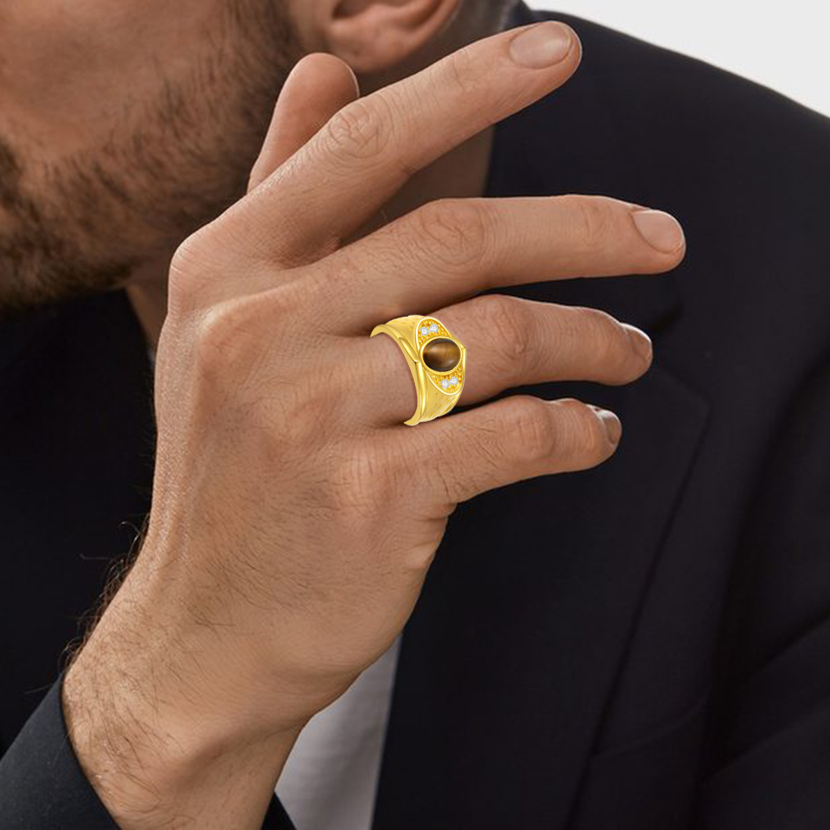 10K Gold Brown Tiger's Eye Signet Ring-2