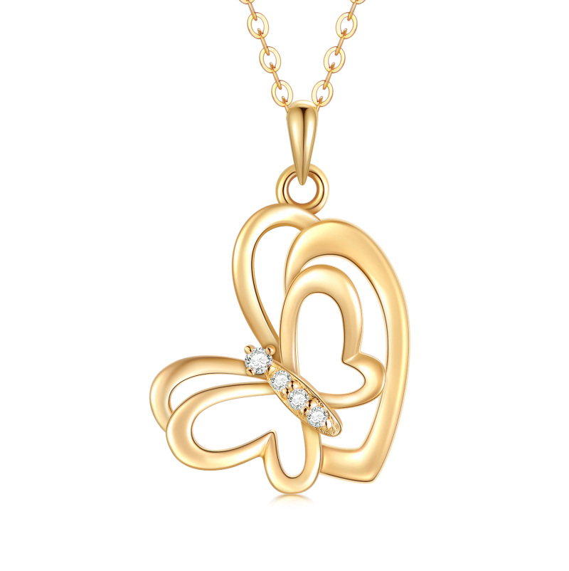 Collier en or 10K avec pendentif papillon et coeur en zircon cubique-1