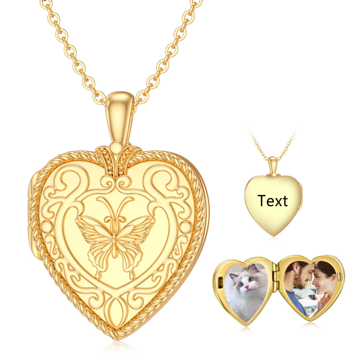 10K Gold Butterfly & Heart Personalized Photo Locket Necklace-3