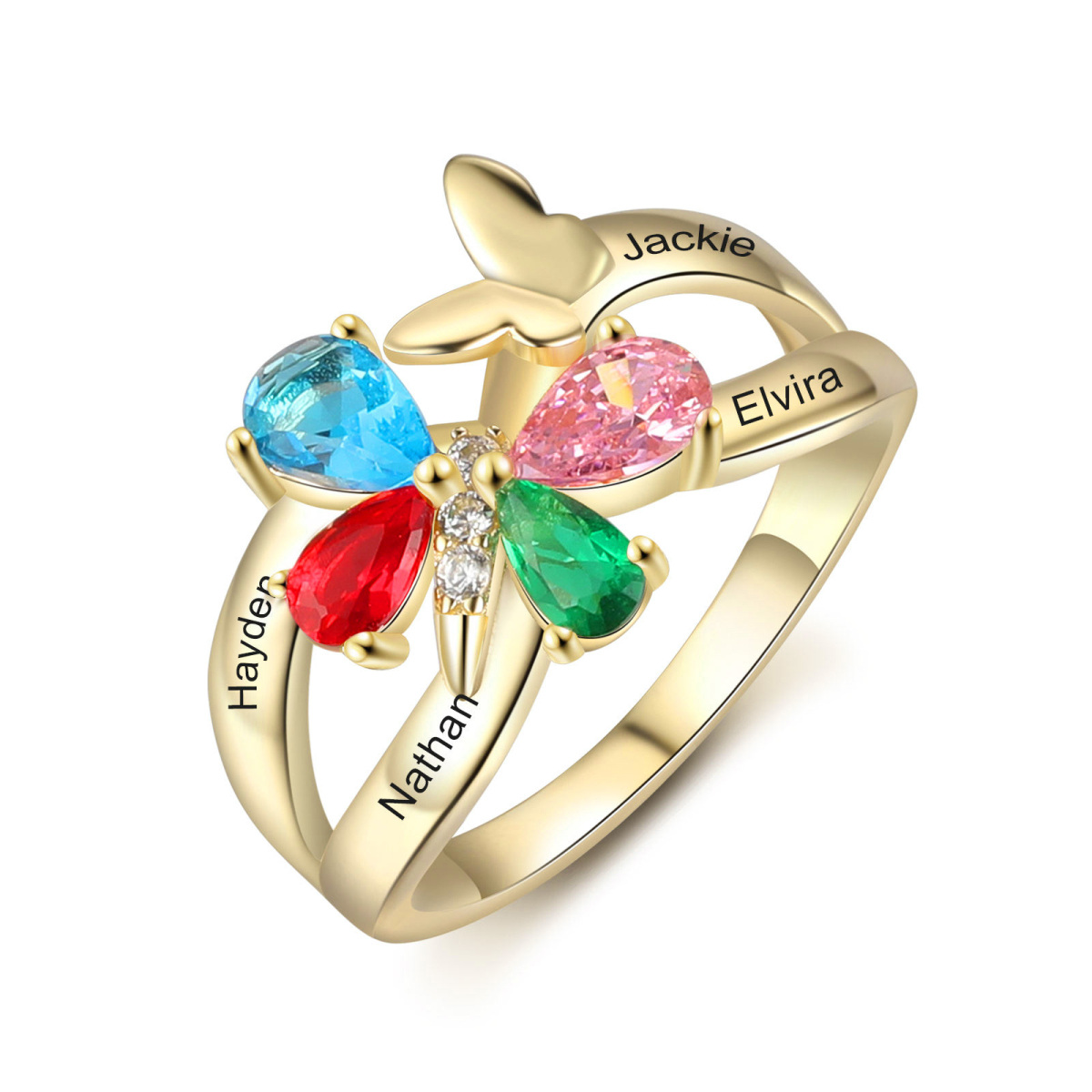 10K Gold Butterfly Cubic Zirconia Personalized Engraving & Birthstone Ring-1