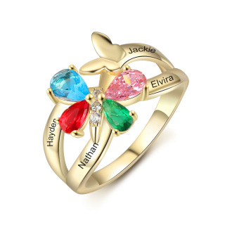 10K Gold Butterfly Cubic Zirconia Personalized Engraving & Birthstone Ring-12