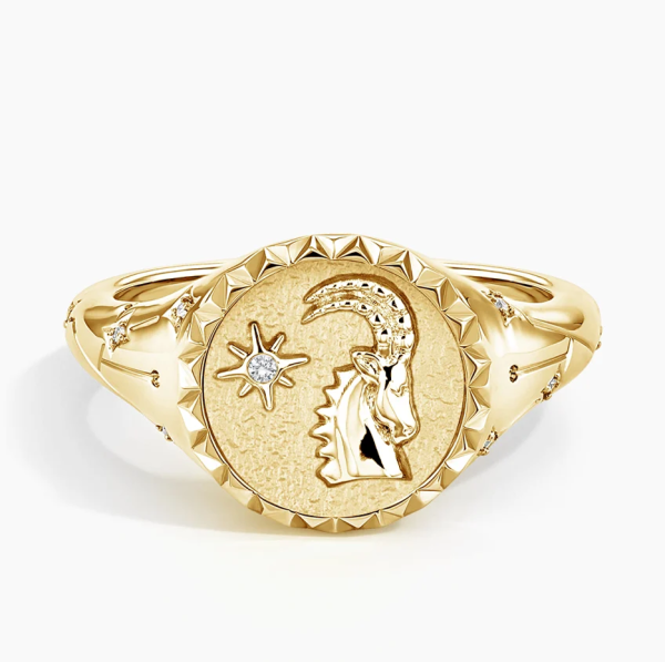 Anillo de sello de oro de 18 quilates con el signo del zodiaco Capricornio  y diamantes naturales redondos de 0,02 quilates de peso