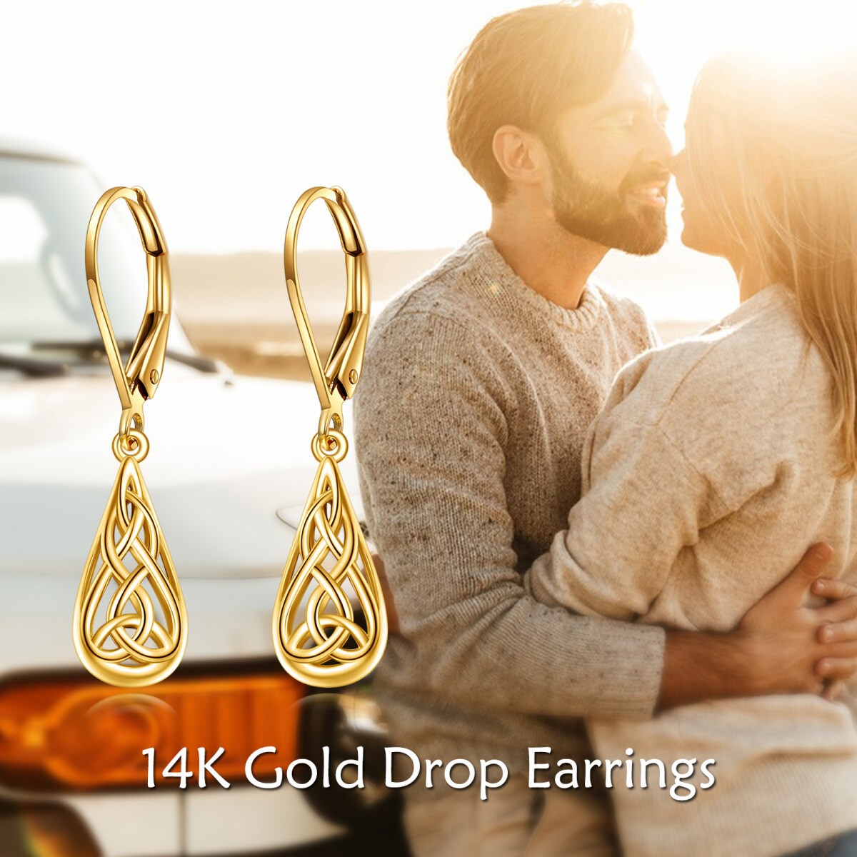 10K Gold Celtic Knot & Drop Shape Drop Earrings-4