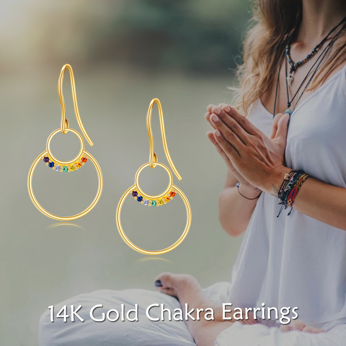 10K Gold Cubic Zirconia Chakras Drop Earrings-6