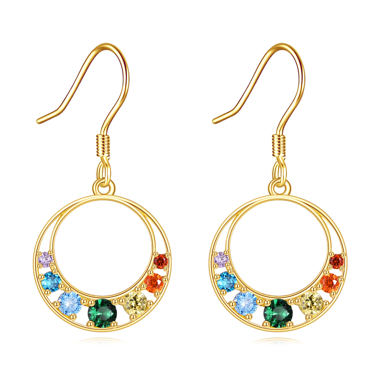 14K Gold Cubic Zirconia Chakras Drop Earrings-1