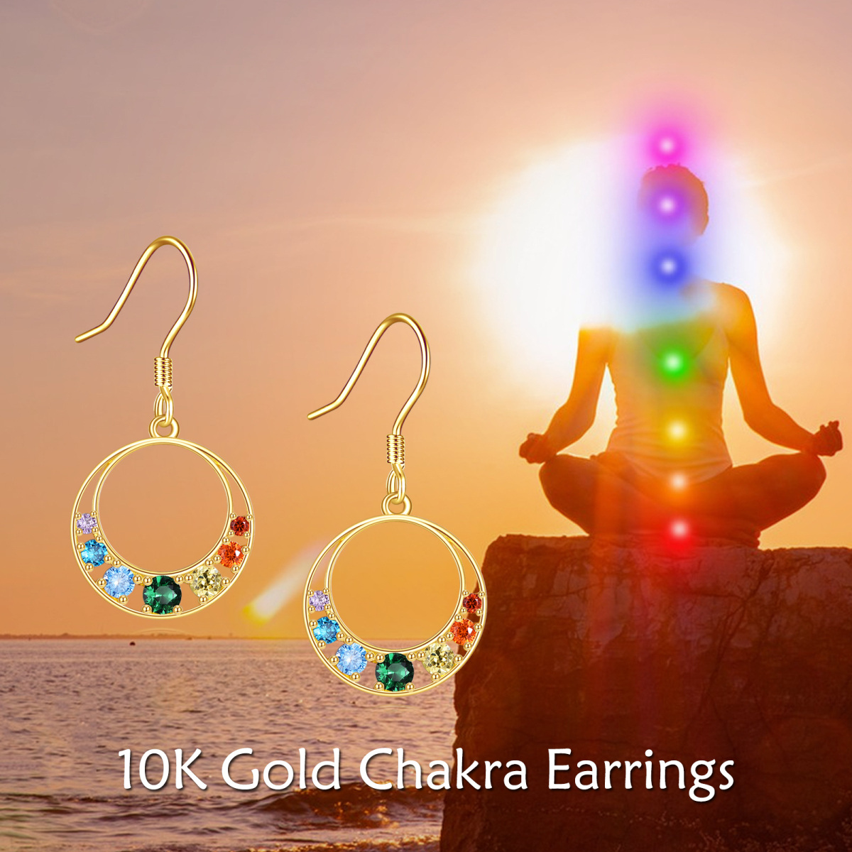 Pendientes colgantes de chakras con circonita cúbica en oro de 10 quilates-6