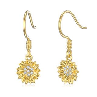 10K Gold Cubic Zirconia Chrysanthemum Drop Earrings-1