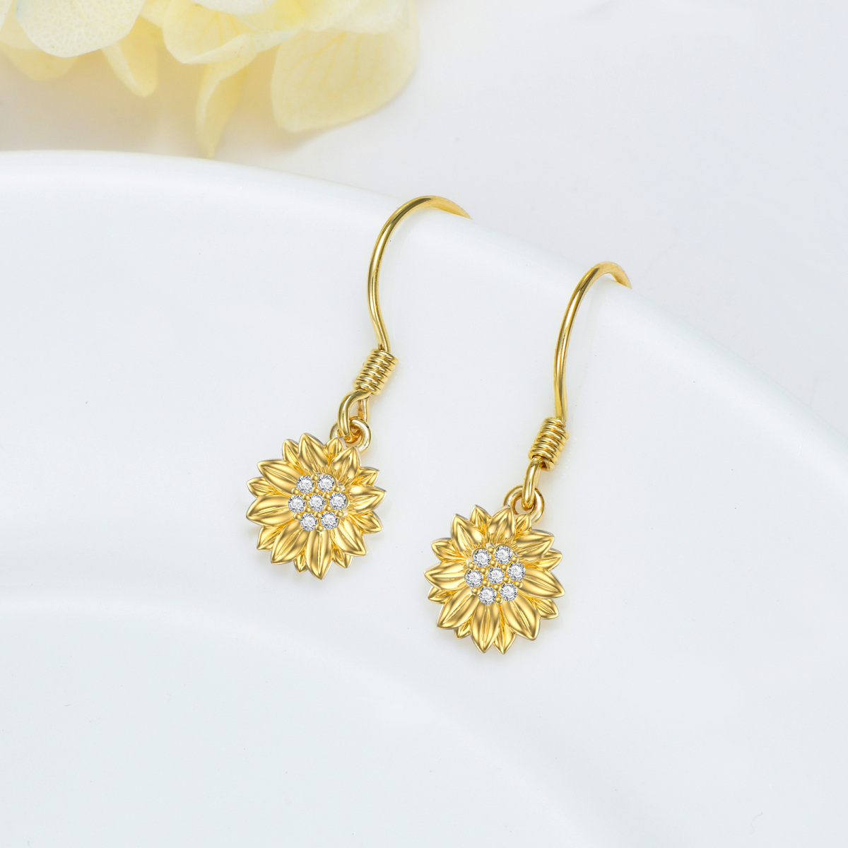 14K Gold Cubic Zirconia Chrysanthemum Drop Earrings-3