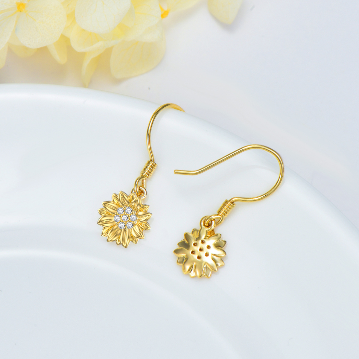 10K Gold Cubic Zirconia Chrysanthemum Drop Earrings-4