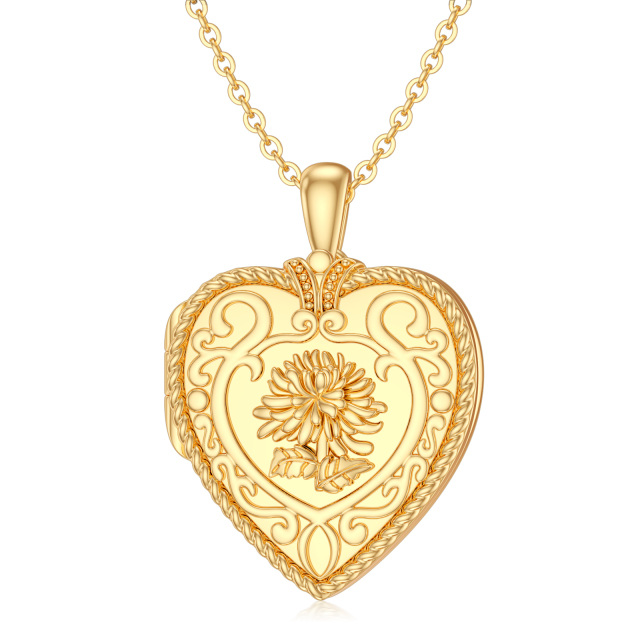 10K Gold Chrysanthemum & Heart Personalized Photo Locket Necklace-1