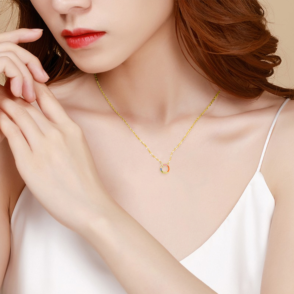 10K Yellow Gold Cubic Zirconia Circle Circle Pendant Necklace For Women-2