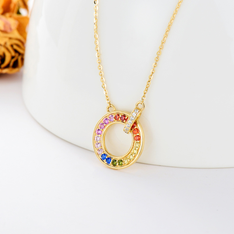 10K Yellow Gold Cubic Zirconia Circle Circle Pendant Necklace For Women-3
