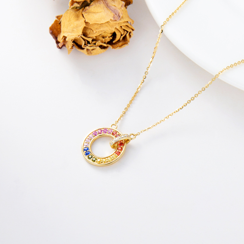 10K Yellow Gold Cubic Zirconia Circle Circle Pendant Necklace For Women-4