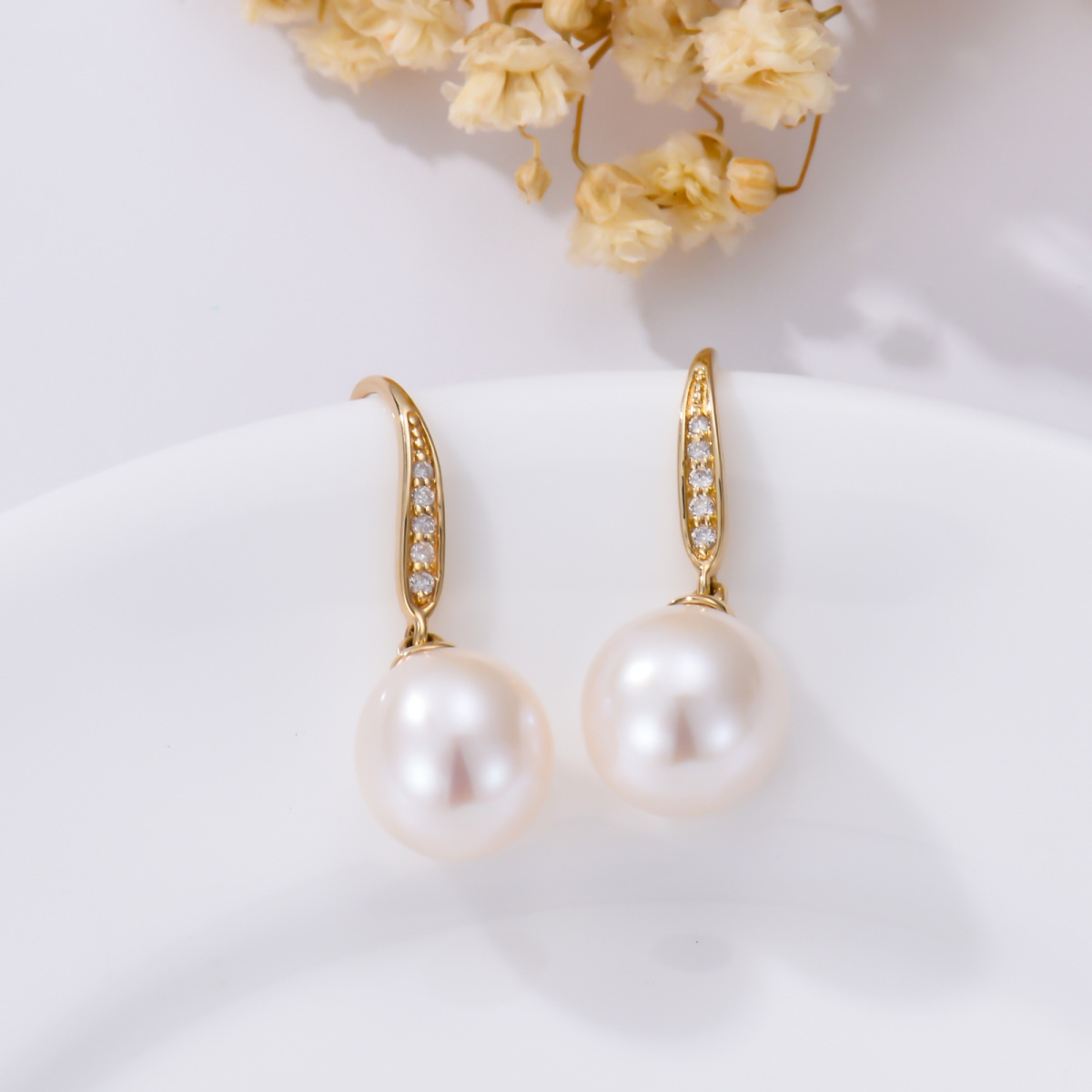 10K Gold Circular Pearl Bead Drop Earrings-3