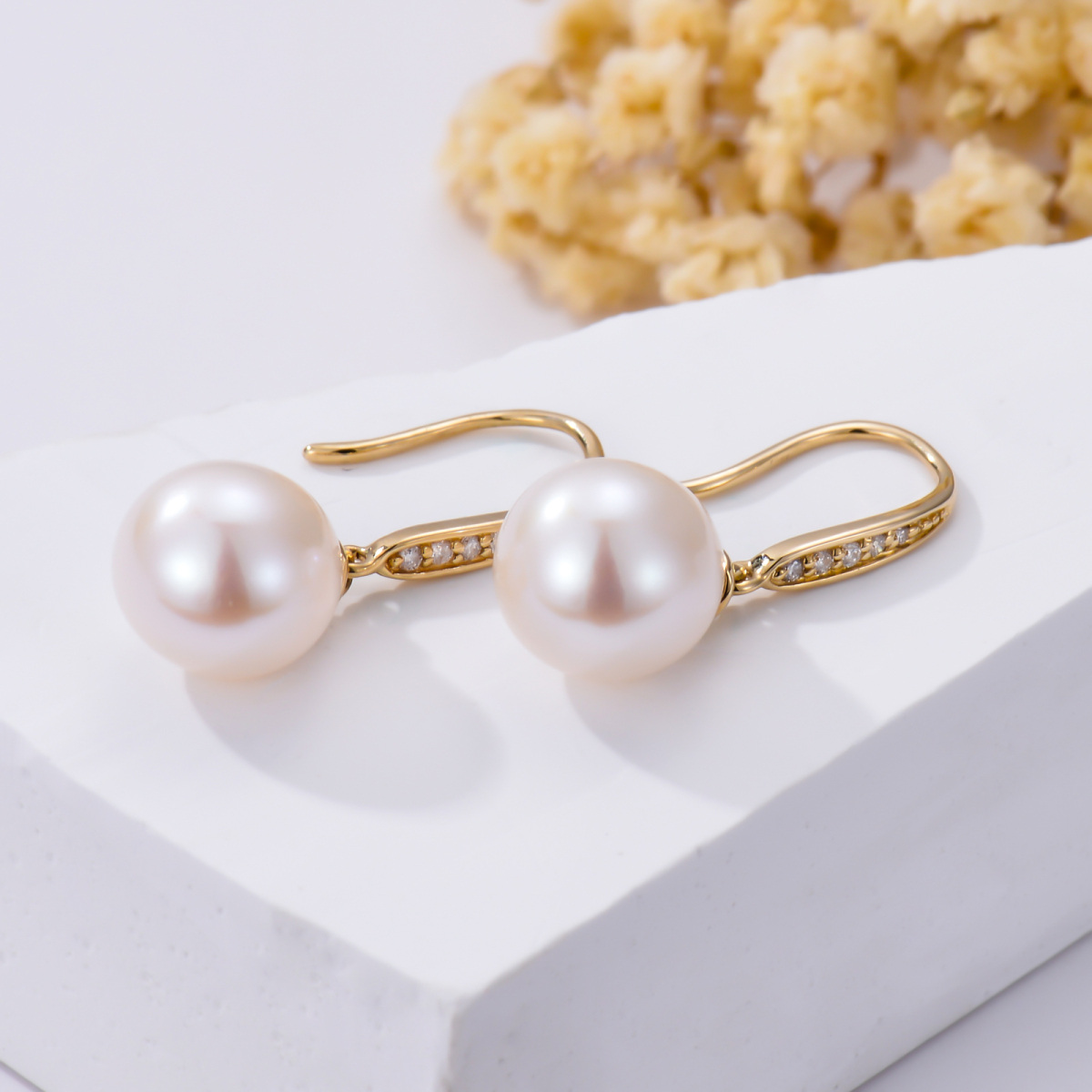 14K Gold Circular Pearl Bead Drop Earrings-4