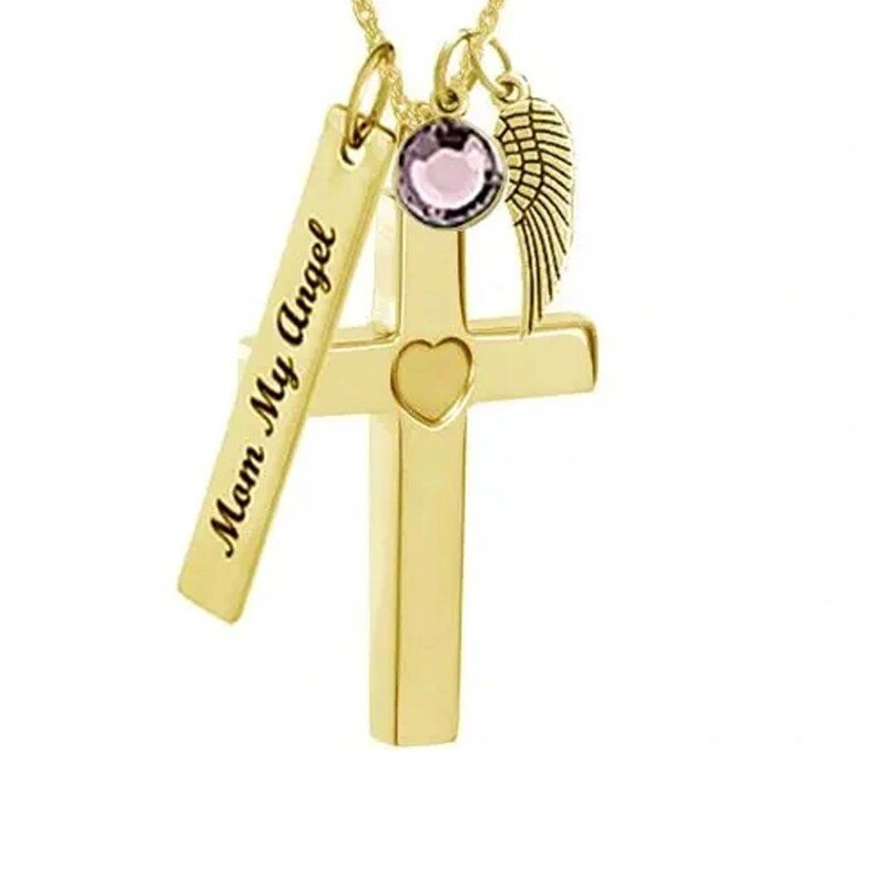 Colar com pendente circular personalizado em ouro 10K com pedra de nascimento, gravação e urna em forma de cruz para cinzas de mulher.-2