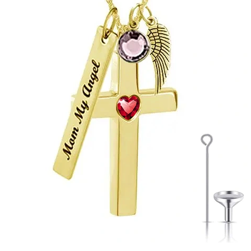 Colar com pendente circular personalizado em ouro 10K com pedra de nascimento, gravação e urna em forma de cruz para cinzas de mulher.-3