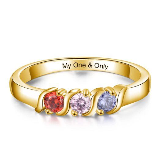 10K Gold Round Cubic Zirconia Personalized Birthstone and Engraving Ring