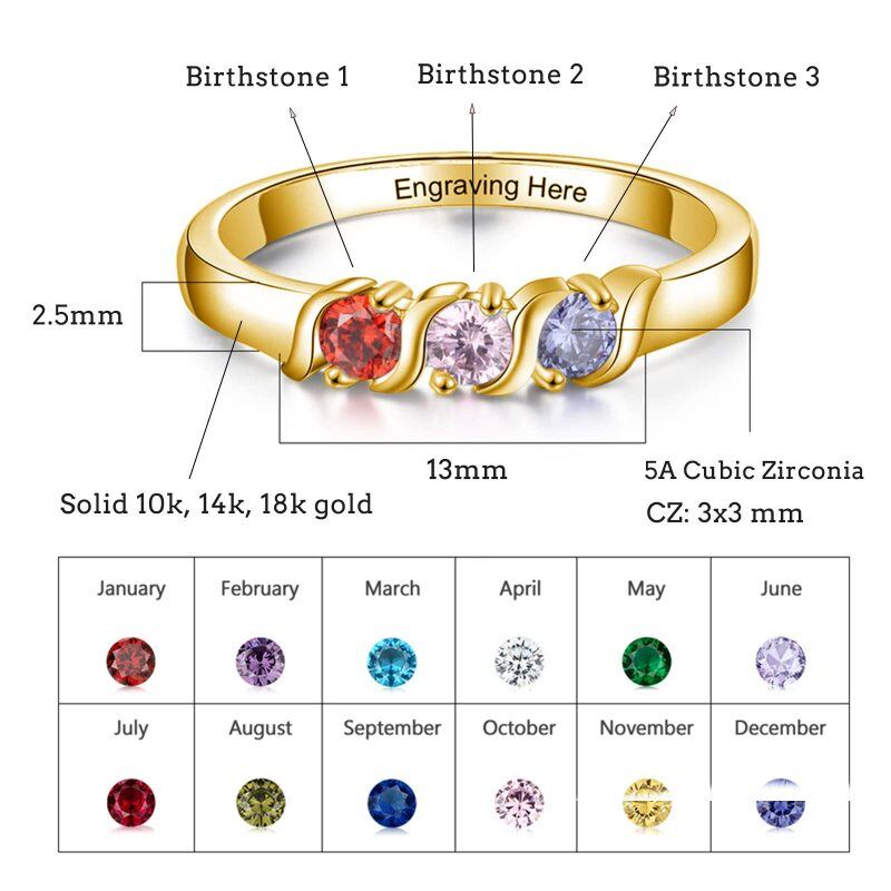 18K White Gold Round Cut Cubic Zirconia Personalized Birthstone & Personalized Engraving Birthstone Ring-3