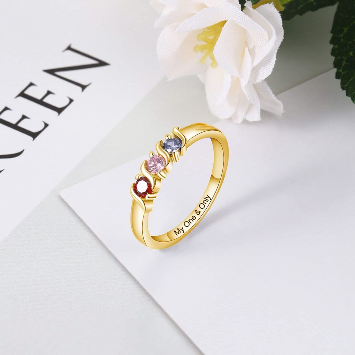 10K Gold Circular Cubic Zirconia Personalized Birthstone and Engraving Ring-5