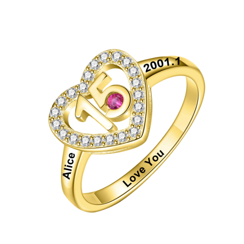 10K Gold Circular Cubic Zirconia Personalized Birthstone Engraving Wedding Ring-1