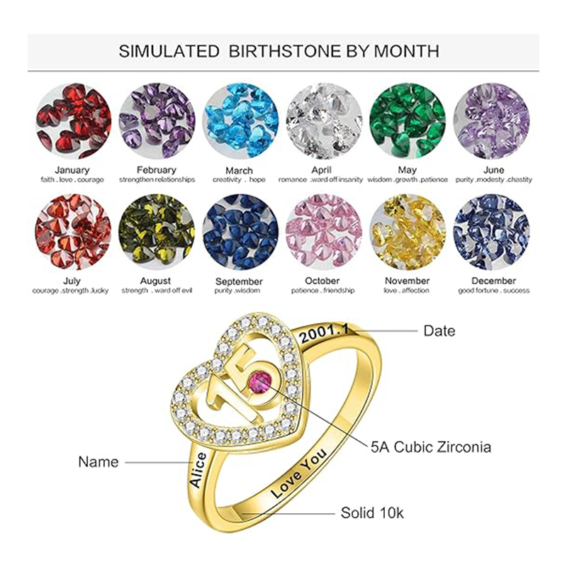 10K Gold Circular Cubic Zirconia Personalized Birthstone Engraving Wedding Ring-2