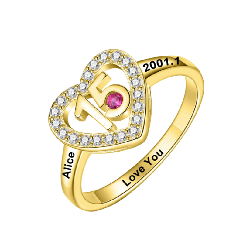 10K Gold Round Cubic Zirconia Personalized Birthstone Engraving Wedding Ring-3
