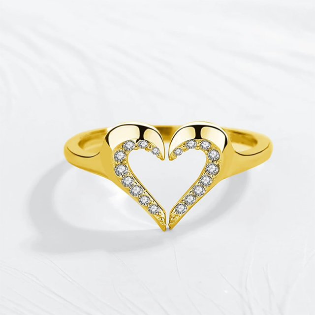 Anillo abierto con corazón grabado personalizado con circonita cúbica circular en oro de 10 quilates-3