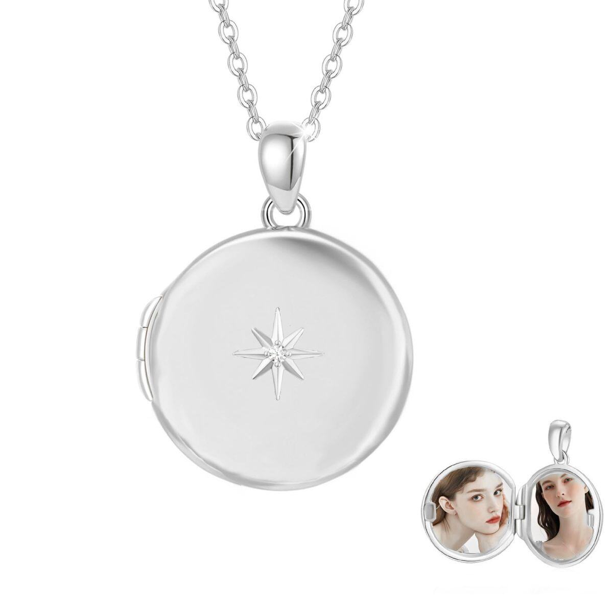 10K Gold Circular Cubic Zirconia Personalized Engraving & Photo Locket Necklace For Women-2