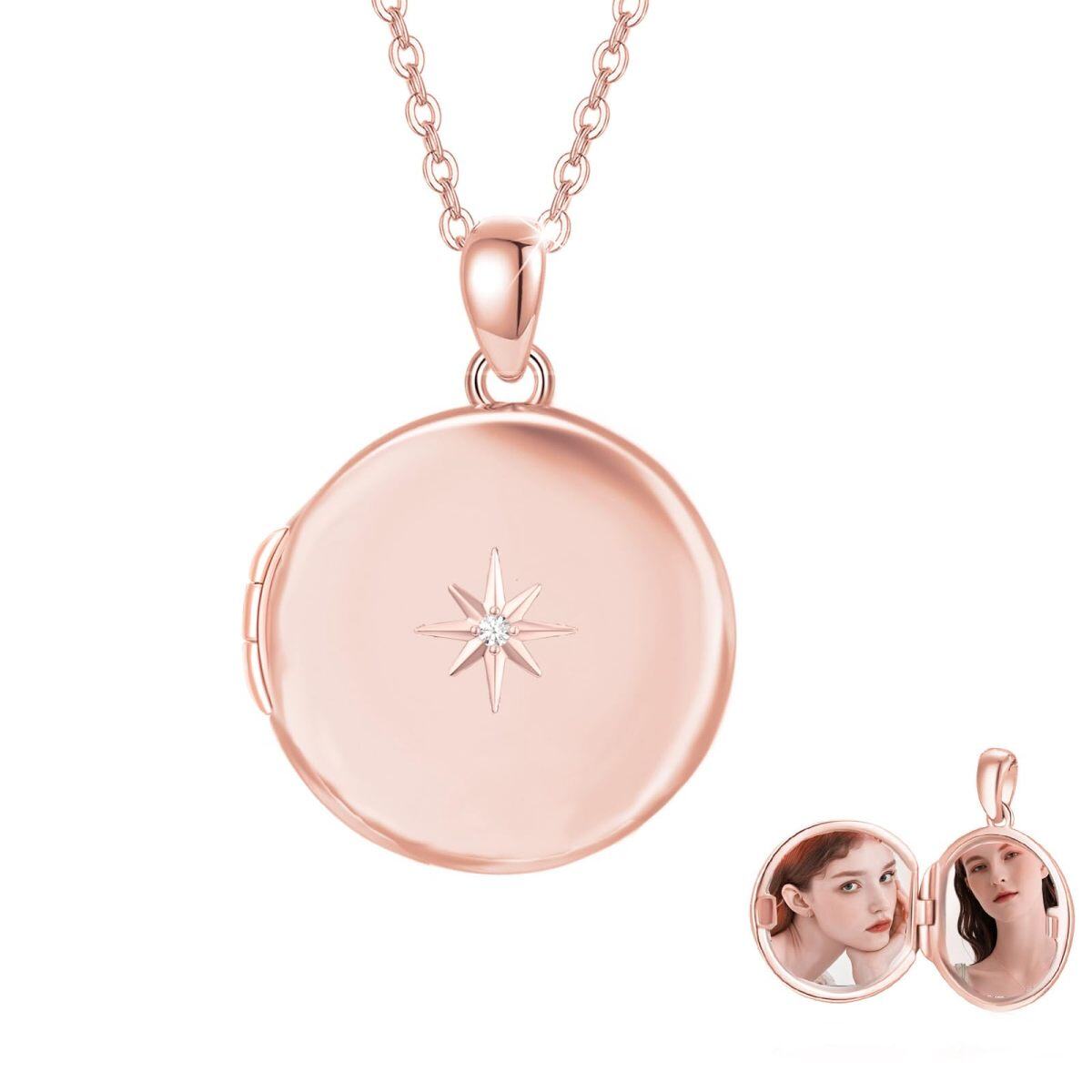 10K Gold Circular Cubic Zirconia Personalized Engraving & Photo Locket Necklace For Women-3