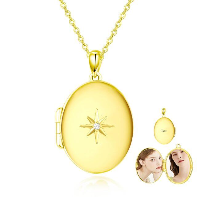 10K Gold Circular Cubic Zirconia Personalized Engraving & Star Personalized Photo Locket Necklace-1