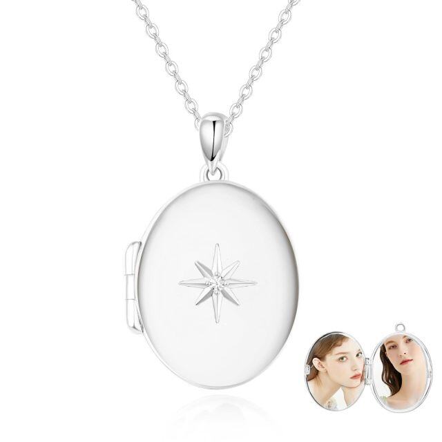 10K Gold Circular Cubic Zirconia Personalized Engraving & Star Personalized Photo Locket Necklace-2