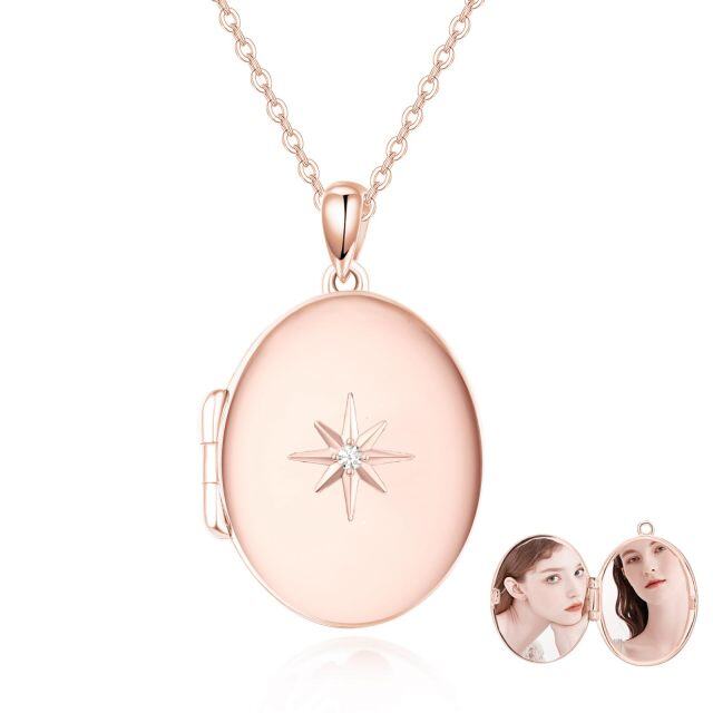 10K Gold Circular Cubic Zirconia Personalized Engraving & Star Personalized Photo Locket Necklace-3