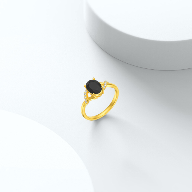 10K Gold Circular Shaped Black Agate Personalized Engraving Ring-2