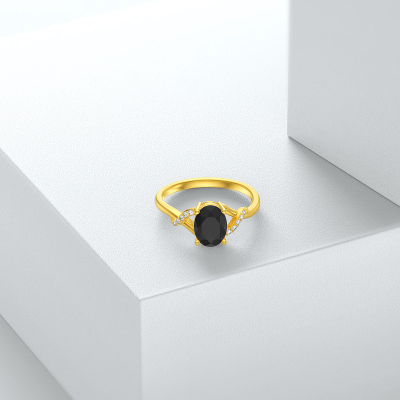 10K Gold Round Shaped Black Agate Personalized Engraving Ring-3