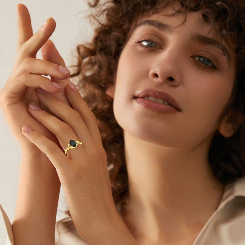 10K Gold Round Shaped Black Agate Personalized Engraving Ring-5