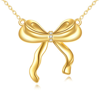 10K Gold Circular Shaped Cubic Zirconia Bow Pendant Necklace-21