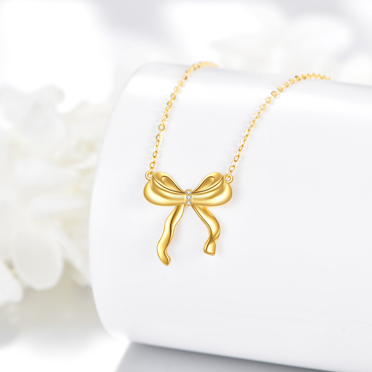 10K Gold Circular Shaped Cubic Zirconia Bow Pendant Necklace-4