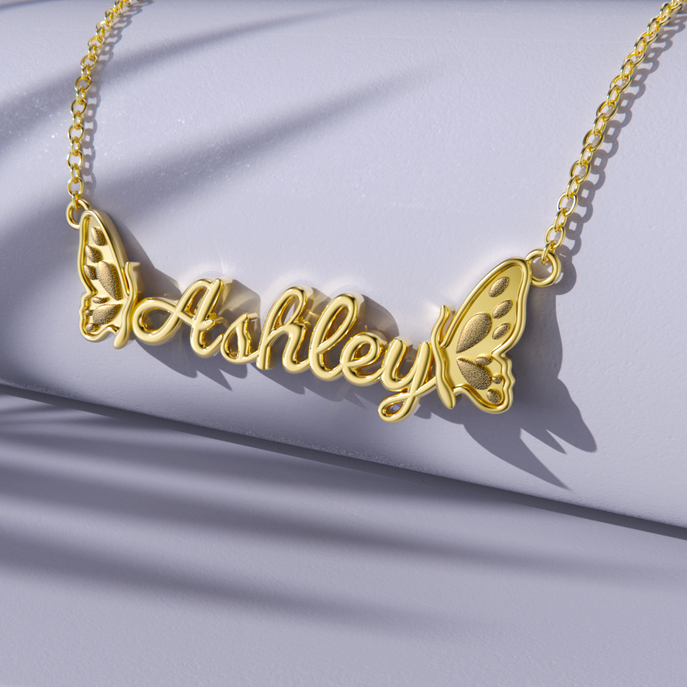 Collar con colgante de mariposa con nombre clásico personalizado en oro de 10 quilates-4