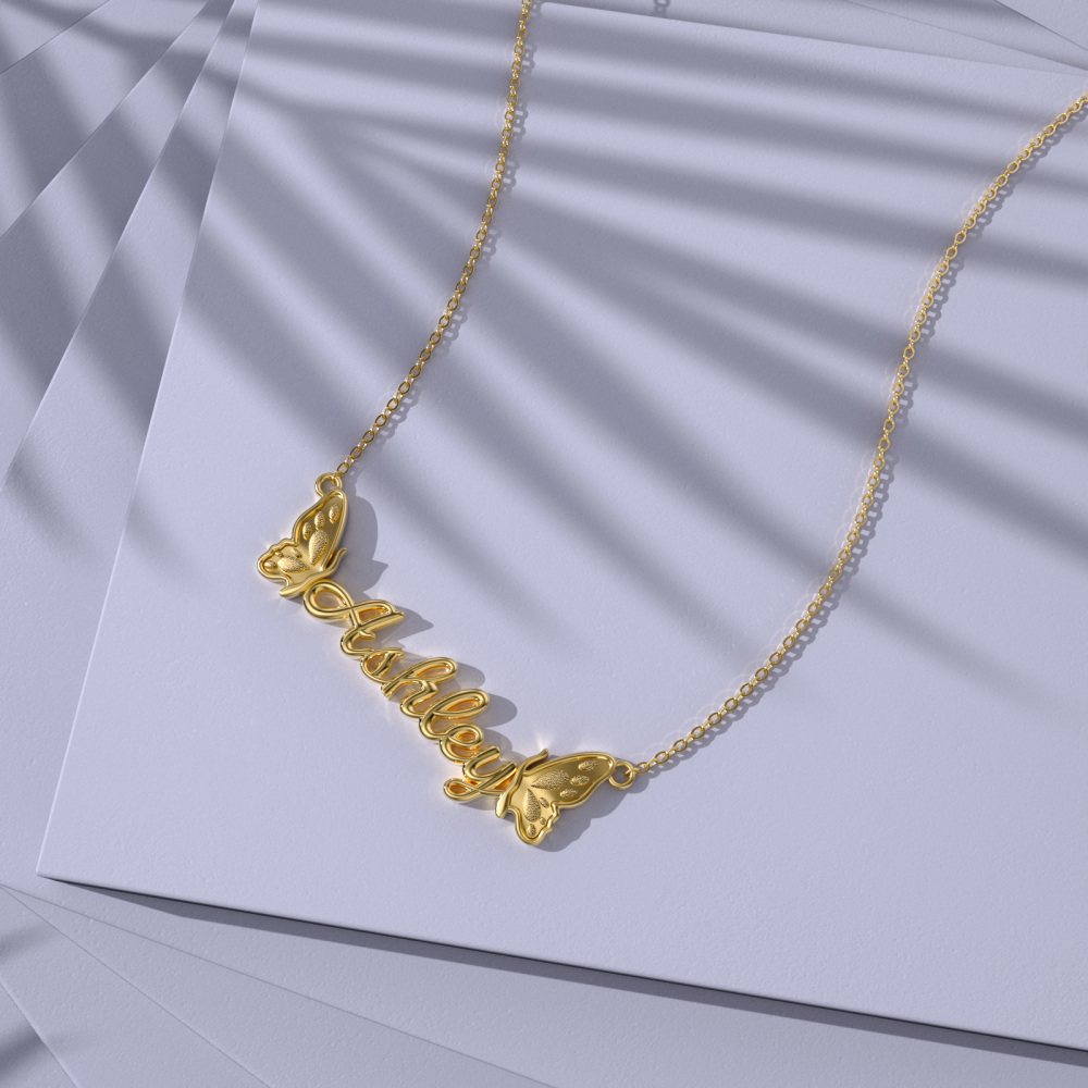 Collar con colgante de mariposa con nombre clásico personalizado en oro de 10 quilates-5
