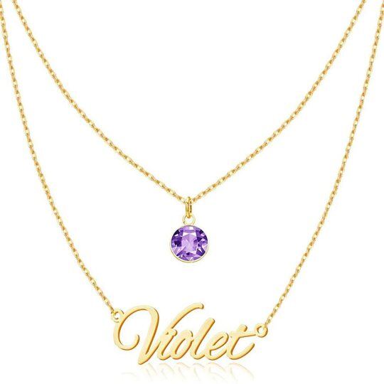 10K Gold Circular Shaped Crystal Personalized Birthstone Pendant Necklace-4