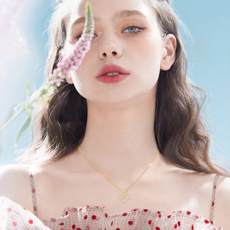 Colar com pingente de pedra de nascimento personalizado em forma circular de cristal de ouro 10K-4