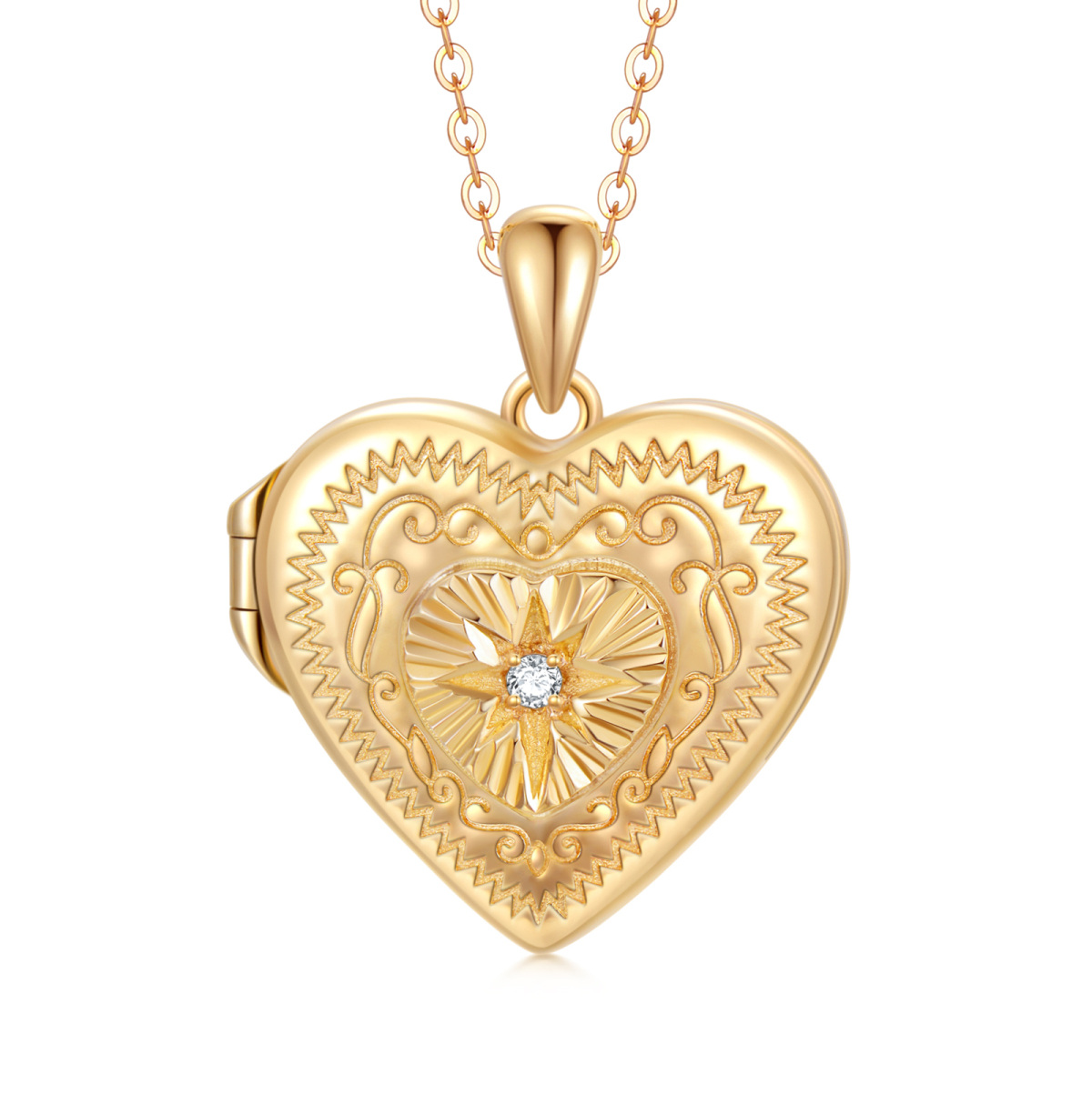 10K Gold Circular Shaped Cubic Zirconia Heart & Star Of David Personalized Photo Locket Necklace-1