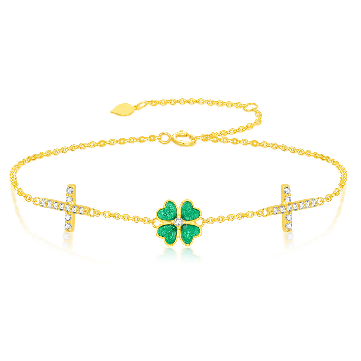 10K Gold Circular Shaped Moissanite Four Leaf Clover Charm Bracelet-1