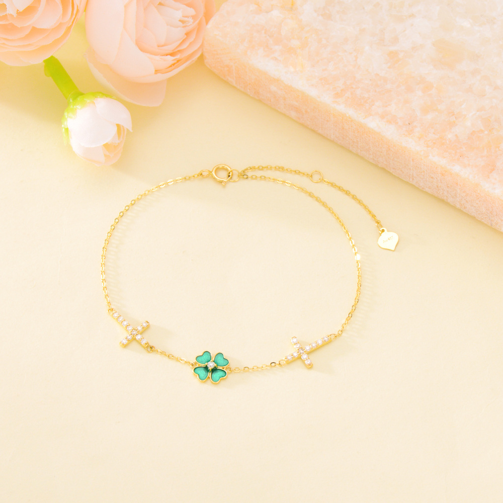 10K Gold Circular Shaped Moissanite Four Leaf Clover Charm Bracelet-4